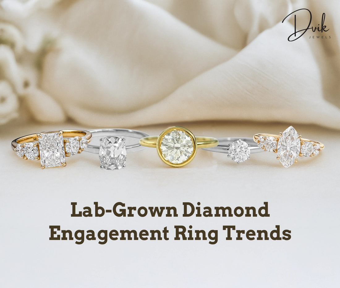 Dvik Jewels lab grown diamond engagement rings in radiant, cushion, round and marquise cuts for women
