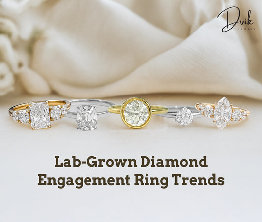 Dvik Jewels lab grown diamond engagement rings in radiant, cushion, round and marquise cuts for women