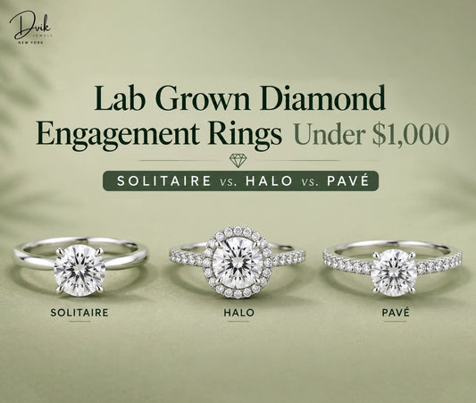 Solitaire, Halo, and Pavé aa lab-grown diamond engagement ring styles under $1,000 Dvik Jewels graphic showing.