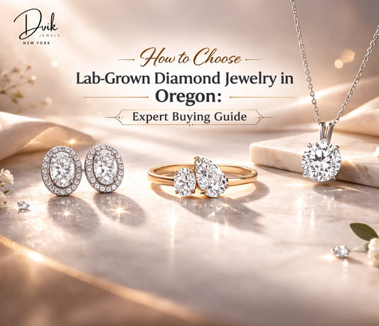 Dvik Jewels lab grown diamond jewelry with pear ring, halo earrings and pendant Oregon