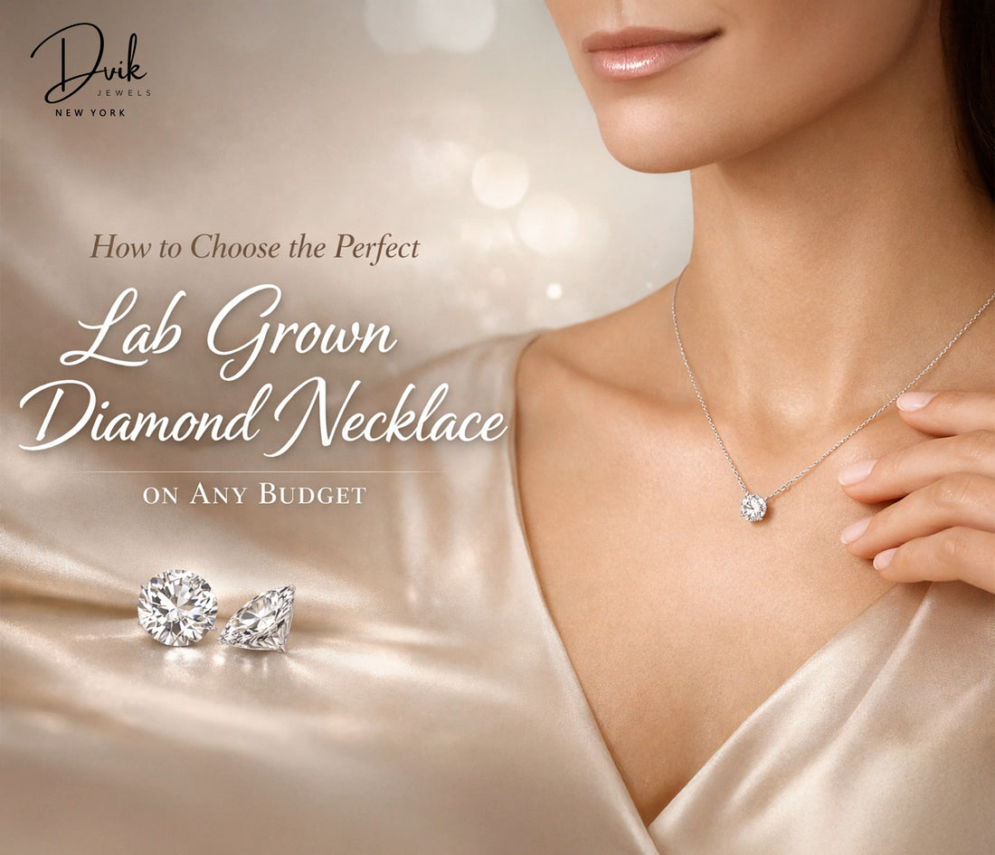 Dvik Jewels lab grown diamond pendant necklace on model promoting how to choose the perfect necklace.