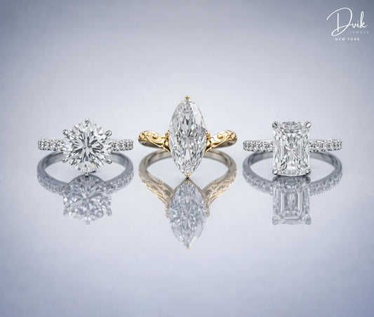 Lab grown diamond engagement rings online in round, marquise, and radiant cuts by Dvik Jewels New York.