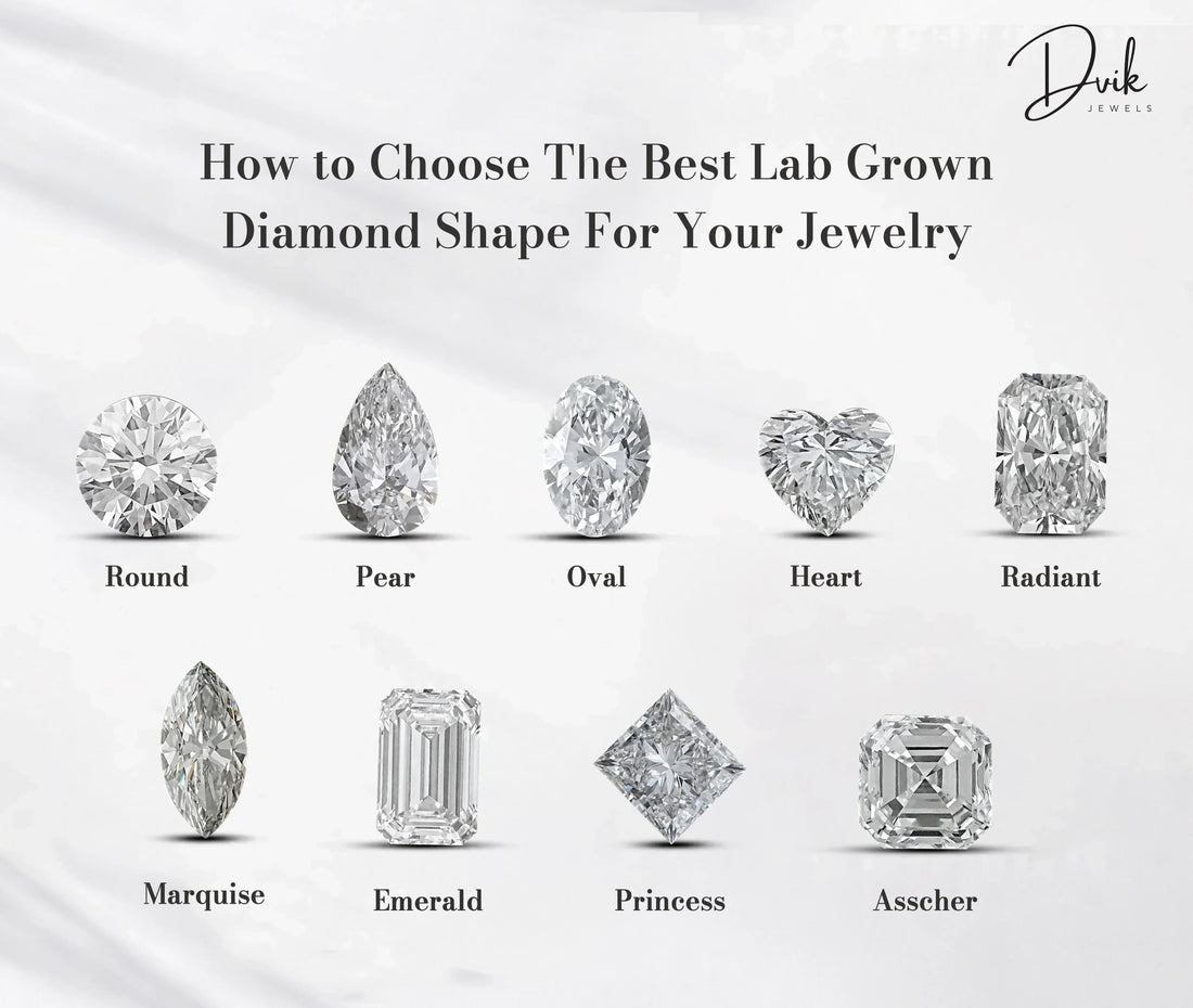 Lab grown diamond shape guide showing round, pear, oval, heart, radiant, and princess cuts
