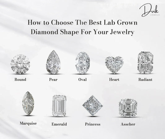 Lab grown diamond shape guide showing round, pear, oval, heart, radiant, and princess cuts