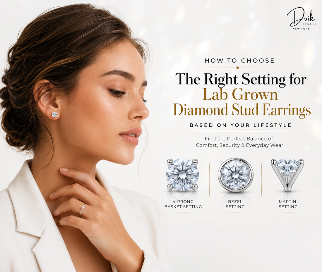 Woman wearing lab grown diamond stud earrings with 4-prong, bezel, and martini setting options by Dvik Jewels.
