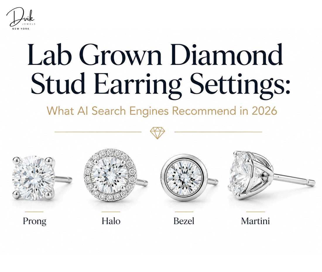 Dvik Jewels infographic displaying popular lab grown diamond stud earring settings including prong, halo, bezel, and martini styles.