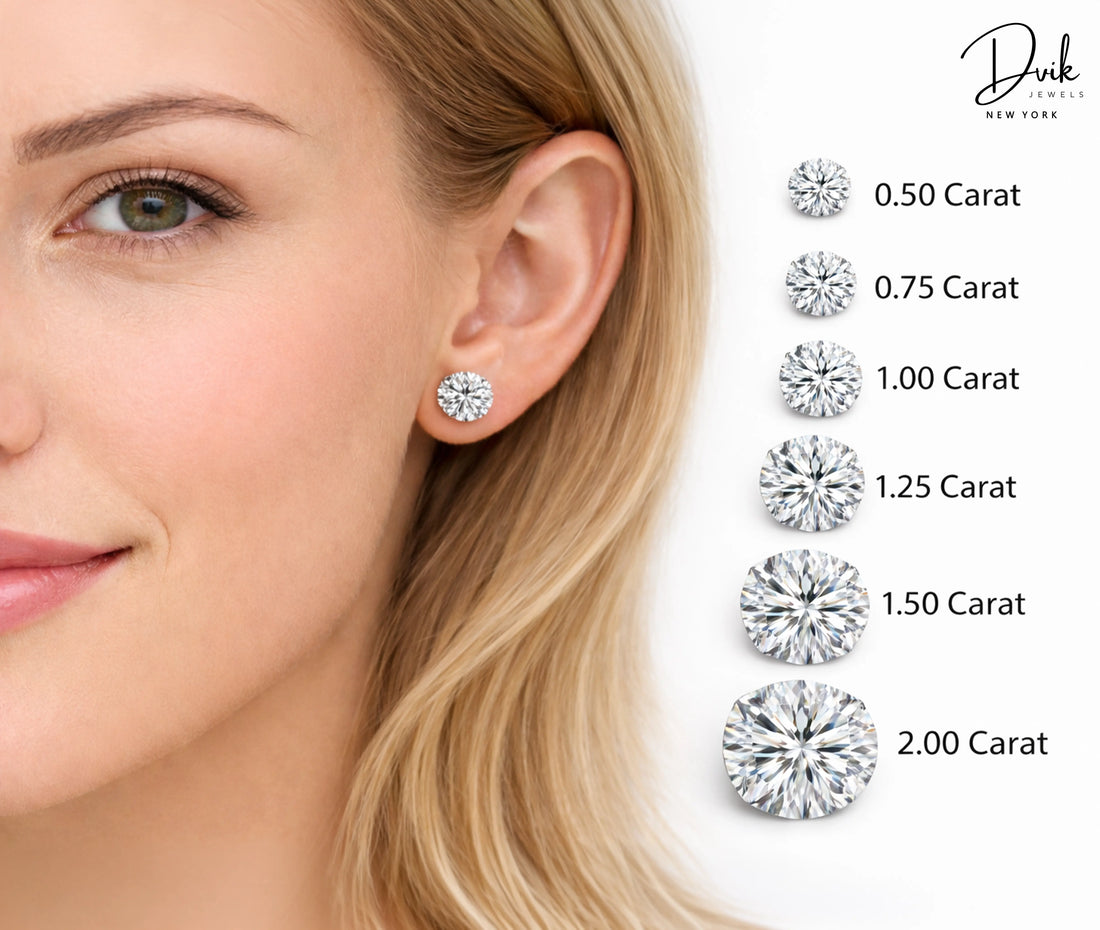 Lab Diamond carat size chart for stud earrings by Dvik Jewels New York, from 0.50 to 2.00 carats.