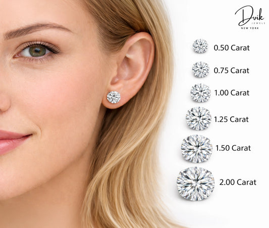 Lab Diamond carat size chart for stud earrings by Dvik Jewels New York, from 0.50 to 2.00 carats.