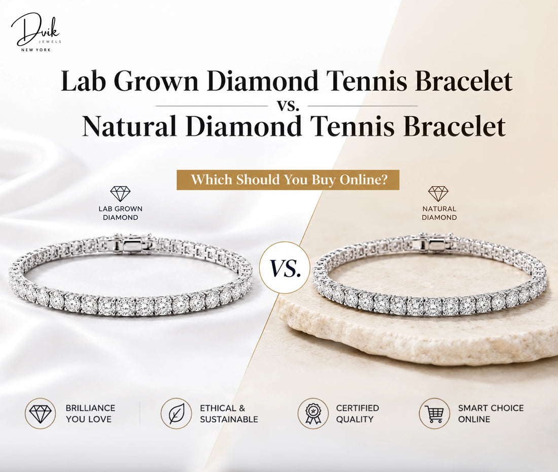 Comparison infographic by Dvik Jewels showing lab grown vs. natural diamond tennis bracelets, highlighting brilliance, ethics, and certified quality.