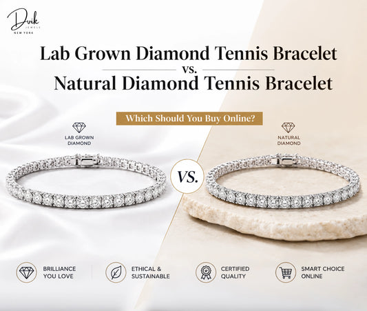 Comparison infographic by Dvik Jewels showing lab grown vs. natural diamond tennis bracelets, highlighting brilliance, ethics, and certified quality.