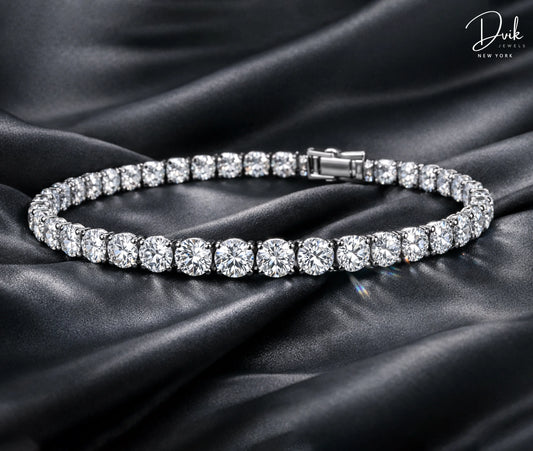 Dvik Jewels New York lab grown diamond tennis bracelet on black silk fabric, 2026 luxury jewelry collection