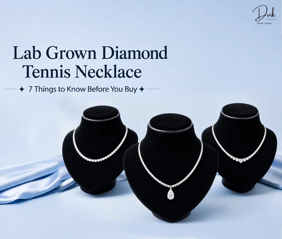 Lab Grown Diamond Tennis Necklace guide banner by Dvik Jewels featuring three diamond tennis necklaces on black display busts.
