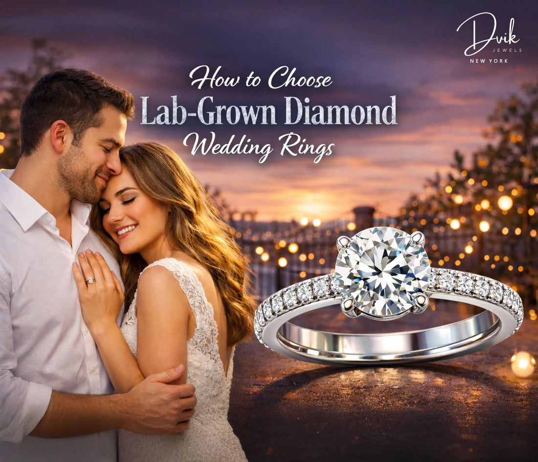 Dvik Jewels round cut diamond wedding ring in white gold with romantic sunset couple background