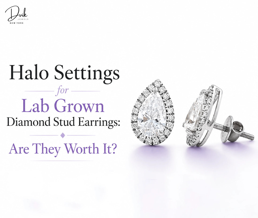 Pear shaped diamond halo stud earrings from Dvik Jewels, highlighting halo settings.