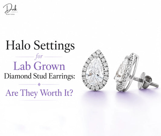 Pear shaped diamond halo stud earrings from Dvik Jewels, highlighting halo settings.