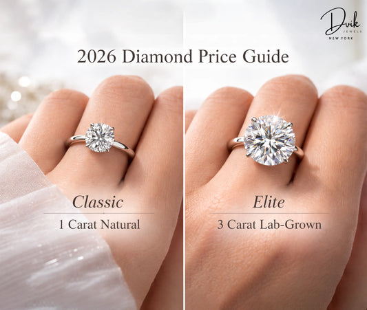 2026 Diamond Price Guide comparing a 1 Carat Natural diamond ring and a 3 Carat Lab-Grown diamond ring by Dvik Jewels New York