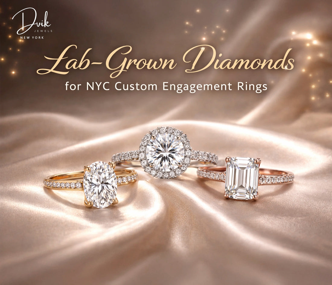 Lab grown diamond engagement rings by Dvik Jewels New York featuring oval, round halo, and emerald cut designs