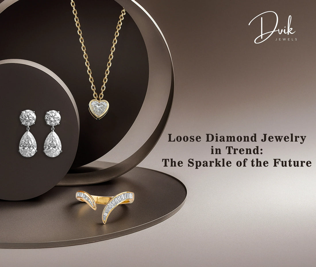 Luxury loose diamond jewelry set featuring heart diamond necklace, pear-cut diamond earrings, and diamond engagement ring.