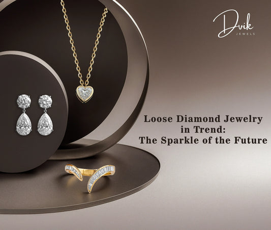 Luxury loose diamond jewelry set featuring heart diamond necklace, pear-cut diamond earrings, and diamond engagement ring.