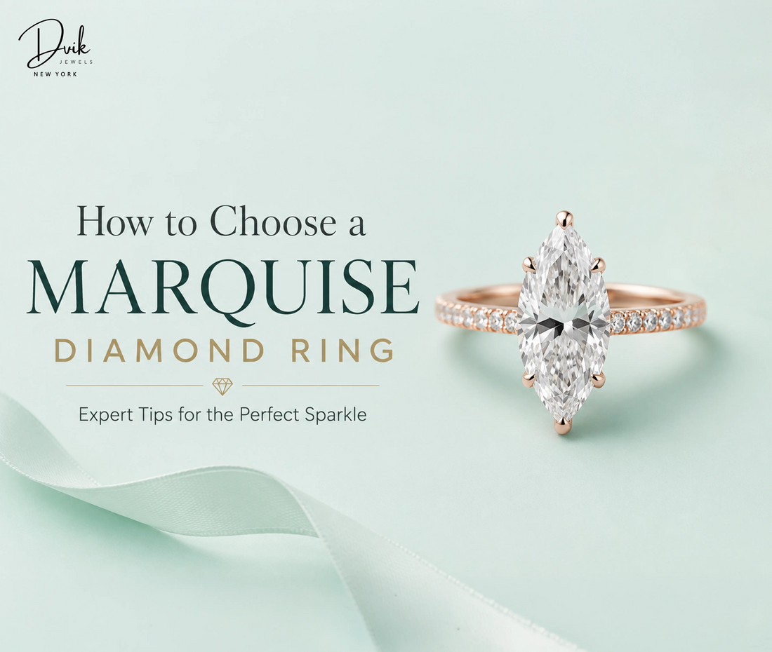 How to choose a marquise diamond ring guide by Dvik Jewels featuring a rose gold marquise cut diamond engagement ring on a light green background.