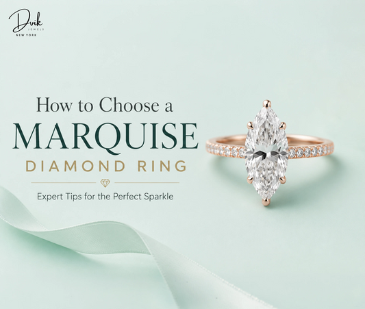 How to choose a marquise diamond ring guide by Dvik Jewels featuring a rose gold marquise cut diamond engagement ring on a light green background.
