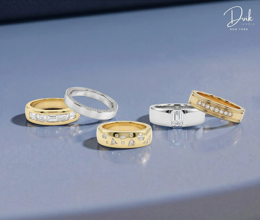 Modern men's diamond wedding rings by Dvik Jewels featuring emerald cut and round lab grown diamonds in gold and platinum bands.