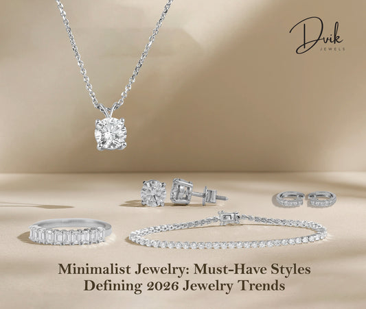 Minimalist lab grown diamond jewelry set including necklace, earrings, bracelet, and rings by Dvik Jewels.