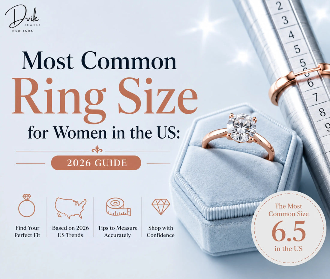 Infographic on US women's ring sizes showing size 6.5 as most common, featuring a rose gold diamond ring and a ring sizing mandrel.