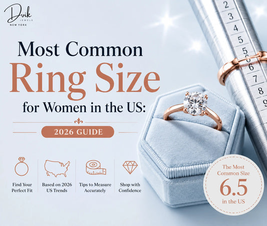 Infographic on US women's ring sizes showing size 6.5 as most common, featuring a rose gold diamond ring and a ring sizing mandrel.