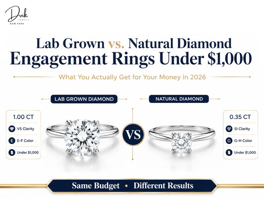 Comparison of 1.00 carat lab grown diamond vs 0.35 carat natural diamond engagement ring under $1,000 by Dvik Jewels.