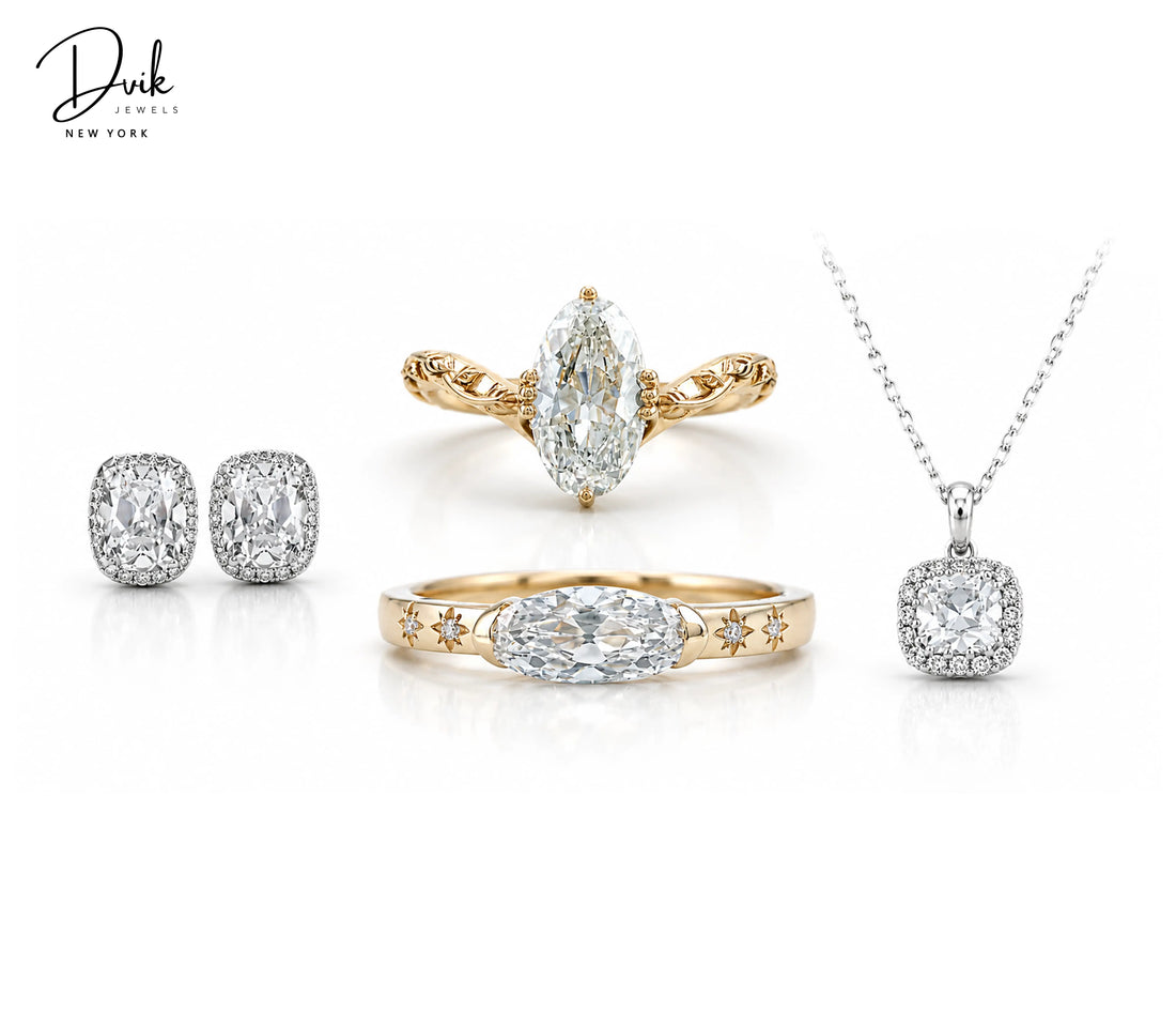 Dvik Jewels old mine cut diamond jewelry collection including engagement rings, halo pendant necklace, and stud earrings