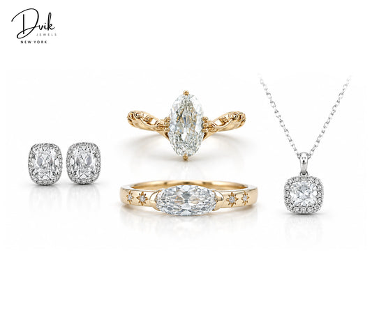 Dvik Jewels old mine cut diamond jewelry collection including engagement rings, halo pendant necklace, and stud earrings