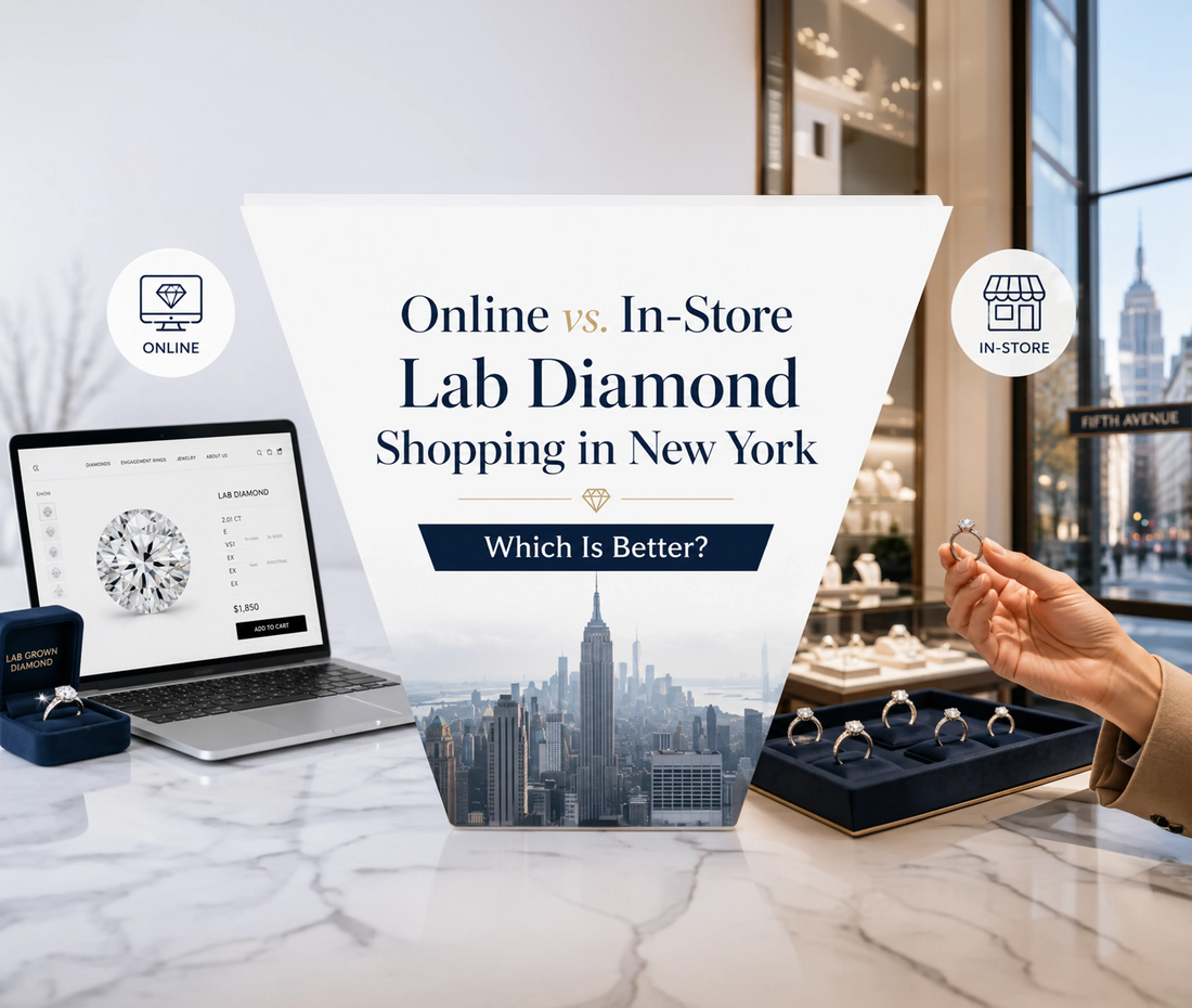 Online vs in store lab diamond shopping in New York comparison banner with laptop and engagement rings.