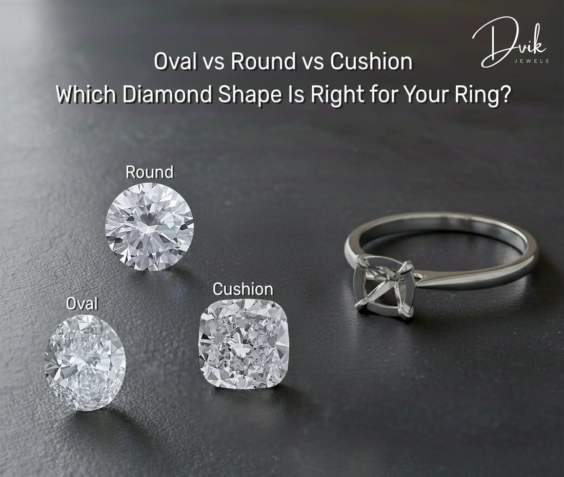 Comparison of oval, round, and cushion cut diamonds to help choose the right diamond shape for a ring.