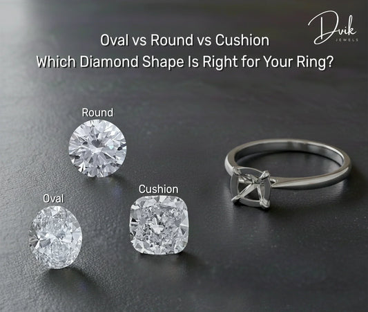 Comparison of oval, round, and cushion cut diamonds to help choose the right diamond shape for a ring.