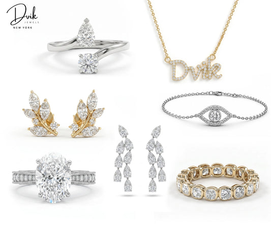 Personalized diamond jewelry gift collection by Dvik Jewels, featuring a custom diamond name necklace, oval cut engagement ring, evil eye bracelet, and diamond earrings. 
