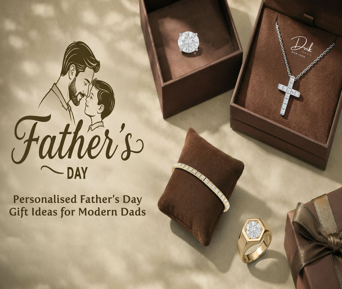 Personalized Father's Day jewelry gift ideas featuring men's diamond cross pendant, tennis bracelet, and signet ring by Dvik Jewels.