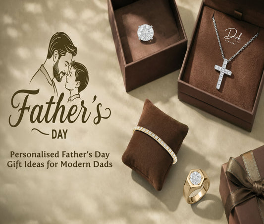 Personalized Father's Day jewelry gift ideas featuring men's diamond cross pendant, tennis bracelet, and signet ring by Dvik Jewels.