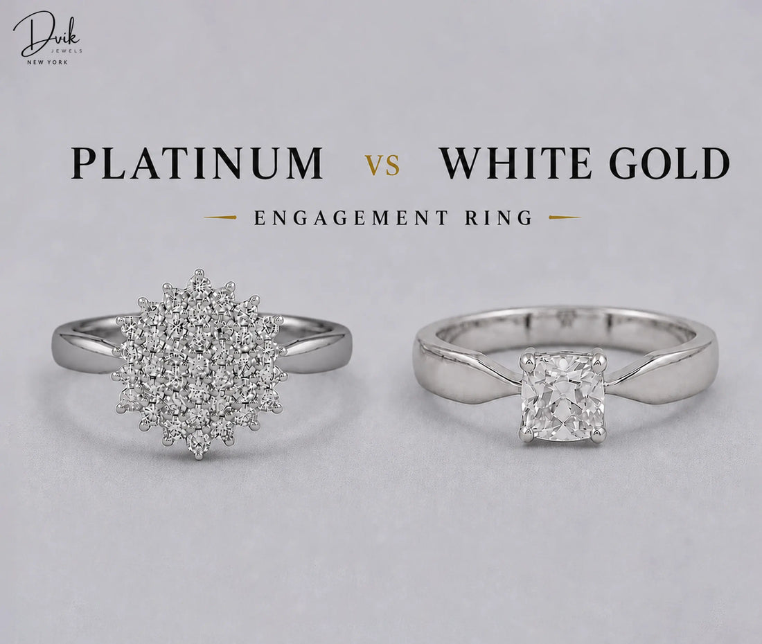Platinum vs White Gold engagement ring comparison by Dvik Jewels showing round cluster and cushion rings.
