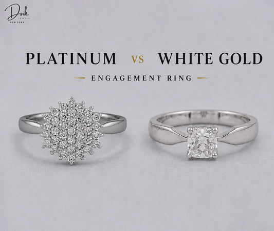 Platinum vs White Gold engagement ring comparison by Dvik Jewels showing round cluster and cushion rings.