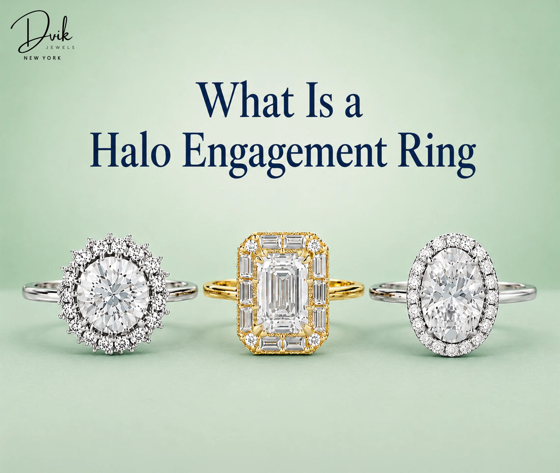 What Is a Halo Engagement Ring guide by Dvik Jewels banner showing round, emerald, and oval rings.