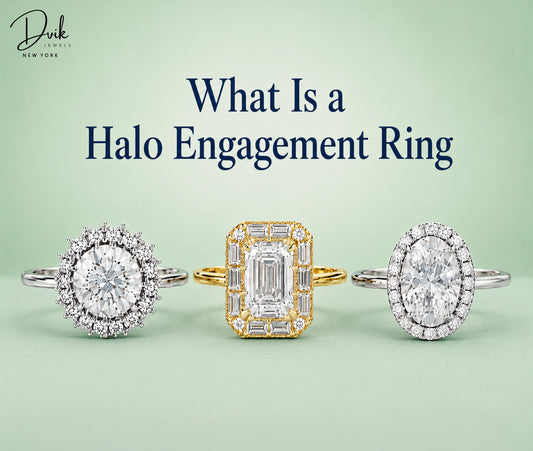 What Is a Halo Engagement Ring guide by Dvik Jewels banner showing round, emerald, and oval rings.