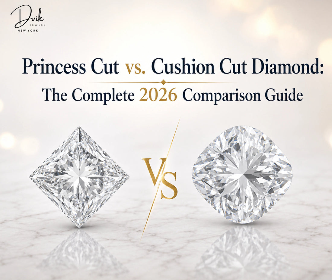 Princess Cut vs Cushion Cut diamond comparison guide by Dvik Jewels, showing square and rounded square stones on marble.