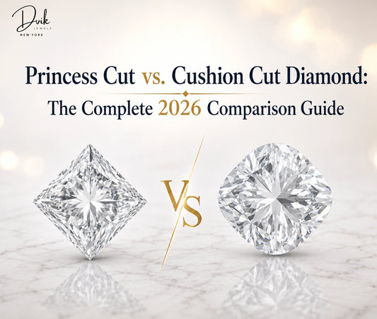 Princess Cut vs Cushion Cut diamond comparison guide by Dvik Jewels, showing square and rounded square stones on marble.