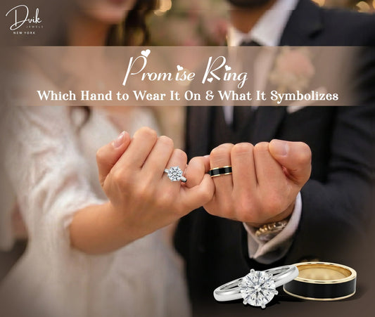 Couple showing commitment through promise rings on pinky fingers featuring a lab diamond solitaire and black gold band by Dvik Jewels.