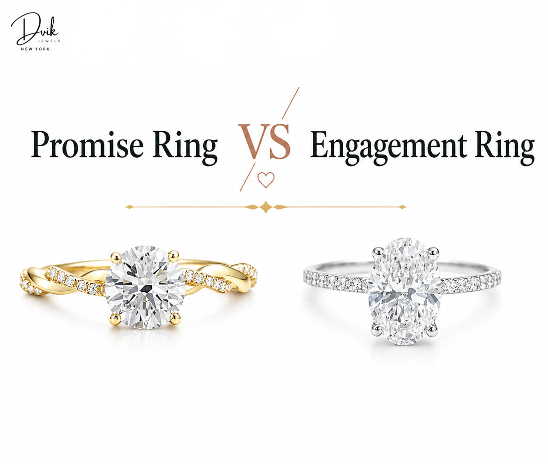 Dvik Jewels comparison graphic showing a yellow gold twisted band diamond promise ring on the left and a silver oval cut diamond engagement ring on the right.