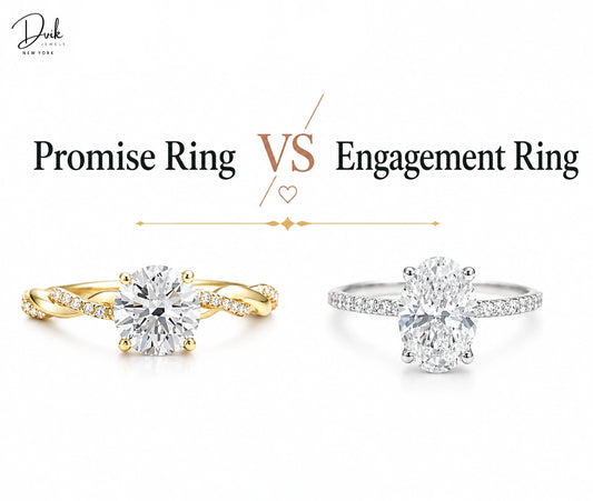 Dvik Jewels comparison graphic showing a yellow gold twisted band diamond promise ring on the left and a silver oval cut diamond engagement ring on the right.