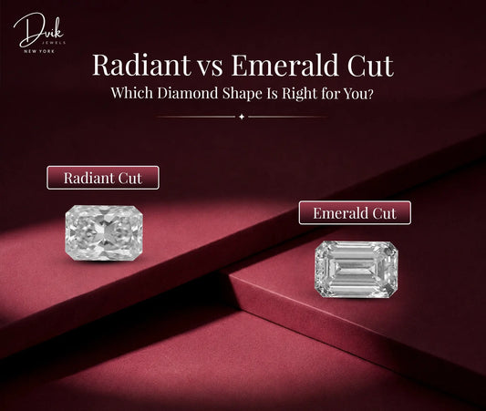 Radiant vs Emerald Cut features a radiant cut diamond on the left and an emerald cut diamond on the right as part of a Dvik Jewels diamond guide.