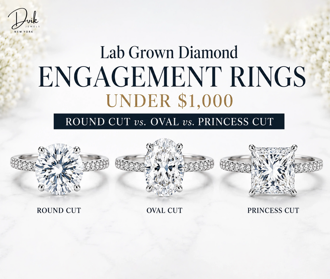 Dvik Jewels lab grown diamond rings in round, oval, and princess cut white gold pave settings under $1,000.