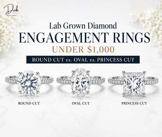 Dvik Jewels lab grown diamond rings in round, oval, and princess cut white gold pave settings under $1,000.